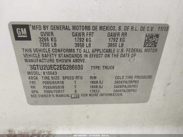 Продажа на аукционе авто 2014 Gmc Sierra 1500 Sle, vin: 3GTU2UEC2EG286930, номер лота: 45625851