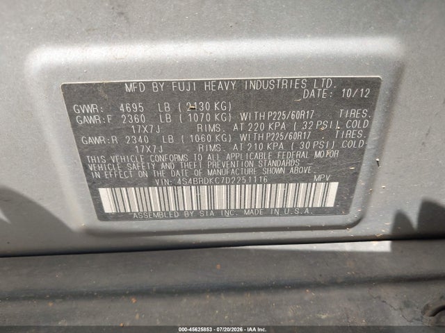45625853 :رقم المزاد ، 4S4BRDKC7D2251116 vin ، 2013 Subaru Outback 3.6r Limited مزاد بيع