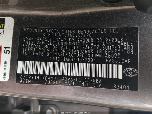 2020 Toyota Camry Le მანქანა იყიდება აუქციონზე, vin: 4T1C11AK4LU977991, აუქციონის ნომერი: 45625867