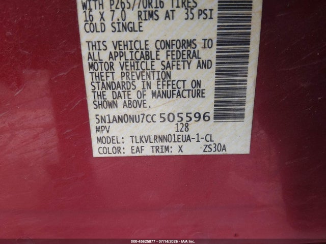 Aukcja sprzedaży 2012 Nissan Xterra S, vin: 5N1AN0NU7CC505596, numer aukcji: 45625877