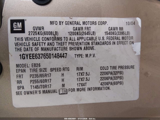 Продаж на аукціоні авто 2005 Cadillac Srx V6, vin: 1GYEE637650148447, номер лоту: 45625881
