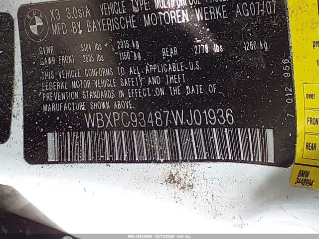 45625896 :رقم المزاد ، WBXPC93487WJ01936 vin ، 2007 Bmw X3 3.0si مزاد بيع