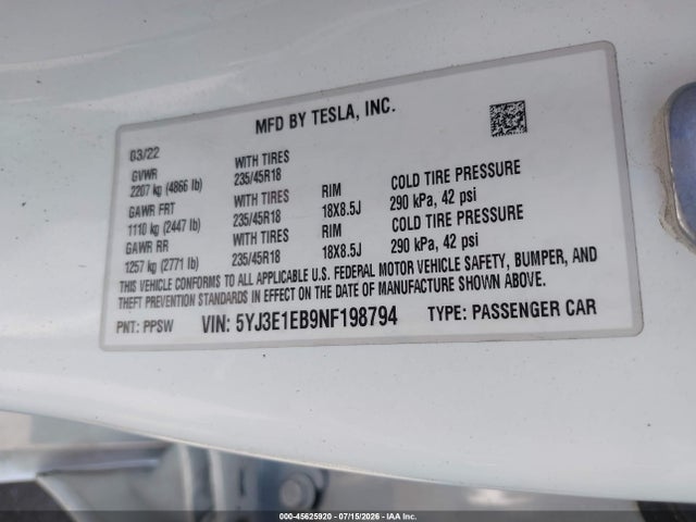 Aukcja sprzedaży 2022 Tesla Model 3 Long Range Dual Motor All-wheel Drive, vin: 5YJ3E1EB9NF198794, numer aukcji: 45625920