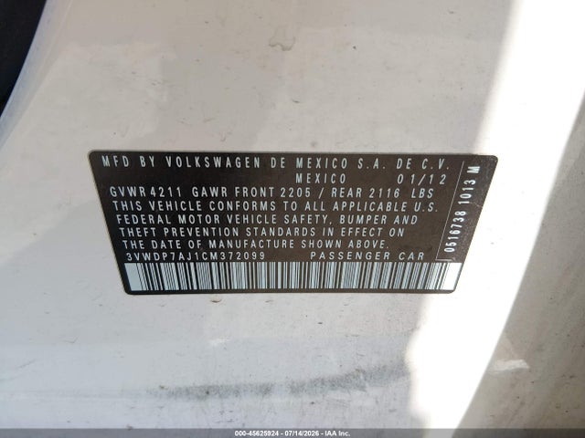 Продаж на аукціоні авто 2012 Volkswagen Jetta 2.5l Se, vin: 3VWDP7AJ1CM372099, номер лоту: 45625924