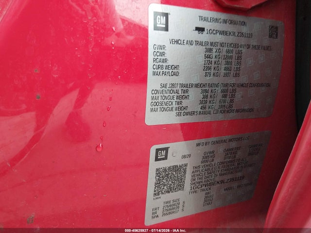 Продаж на аукціоні авто 2020 Chevrolet Silverado 1500 2wd  Short Bed Custom, vin: 1GCPWBEK9LZ351119, номер лоту: 45625927