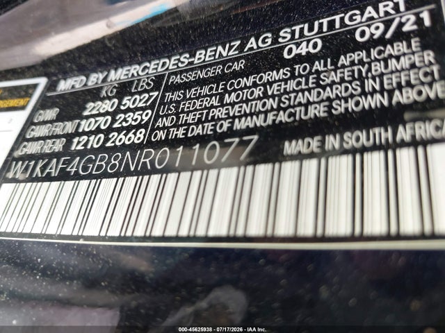 Aukcja sprzedaży 2022 Mercedes-benz C 300 Sedan, vin: W1KAF4GB8NR011077, numer aukcji: 45625938