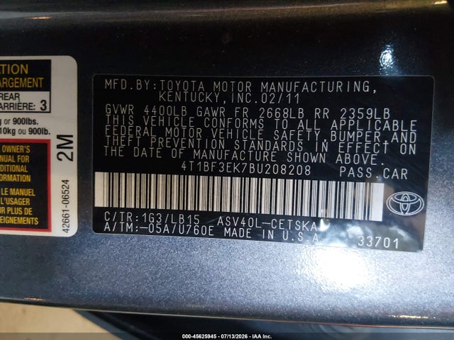 45625945 :رقم المزاد ، 4T1BF3EK7BU208208 vin ، 2011 Toyota Camry Se مزاد بيع