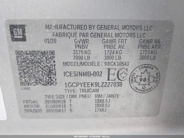 Продаж на аукціоні авто 2020 Chevrolet Silverado 1500 Rst, vin: 1GCPYEEK9LZ227038, номер лоту: 45625950