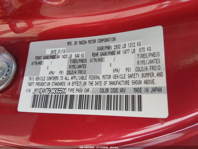 Aukcja sprzedaży 2019 Mazda Mx-5 Miata Rf Grand Touring, vin: JM1NDAM76K0305500, numer aukcji: 45625956