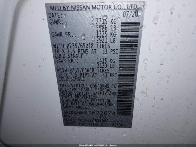 5N1DR2BM3LC622674 Nissan Pathfinder Sv 4wd