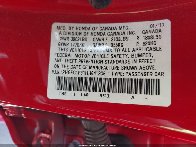 Продаж на аукціоні авто 2017 Honda Civic Ex-t, vin: 2HGFC1F31HH641806, номер лоту: 45625968
