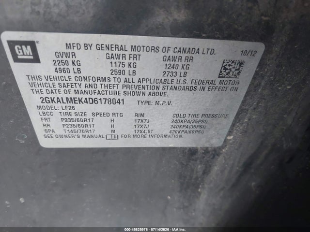 Aukcja sprzedaży 2013 Gmc Terrain Sle-1, vin: 2GKALMEK4D6178041, numer aukcji: 45625976