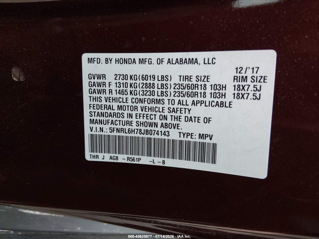 Aukcja sprzedaży 2018 Honda Odyssey Ex-l, vin: 5FNRL6H78JB074143, numer aukcji: 45625977