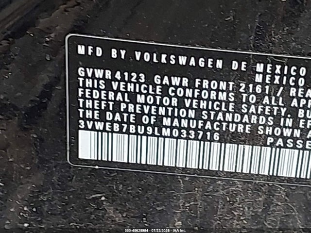 2020 Volkswagen Jetta 1.4t Sel მანქანა იყიდება აუქციონზე, vin: 3VWEB7BU9LM033716, აუქციონის ნომერი: 45625984