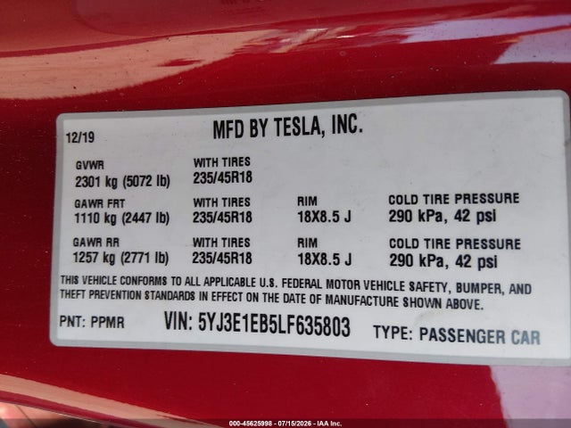 Продажа на аукционе авто 2020 Tesla Model 3 Long Range Dual Motor All-wheel Drive, vin: 5YJ3E1EB5LF635803, номер лота: 45625998