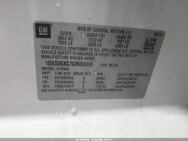 Продаж на аукціоні авто 2016 Gmc Yukon Xl Slt, vin: 1GKS2GKC7GR400036, номер лоту: 45626005