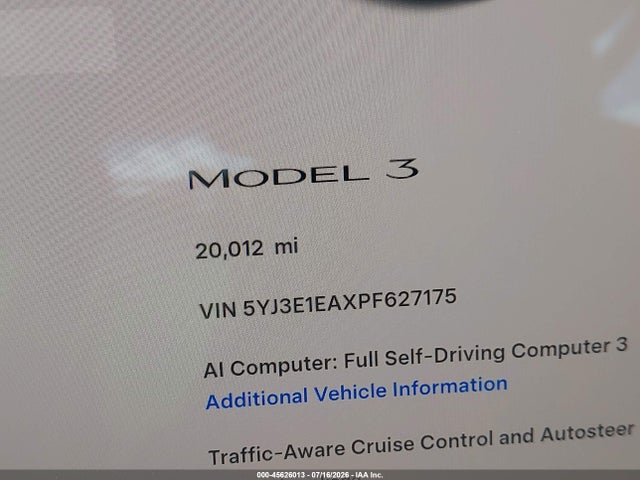 2023 Tesla Model 3 Rear-wheel Drive მანქანა იყიდება აუქციონზე, vin: 5YJ3E1EAXPF627175, აუქციონის ნომერი: 45626013