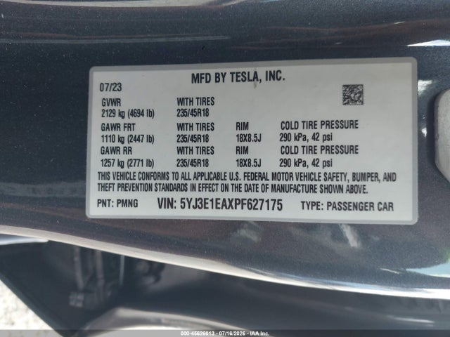 2023 Tesla Model 3 Rear-wheel Drive მანქანა იყიდება აუქციონზე, vin: 5YJ3E1EAXPF627175, აუქციონის ნომერი: 45626013