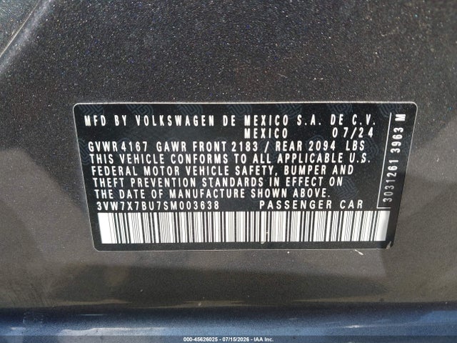 2025 Volkswagen Jetta 1.5t Se მანქანა იყიდება აუქციონზე, vin: 3VW7X7BU7SM003638, აუქციონის ნომერი: 45626025