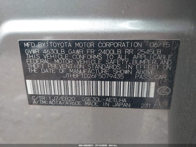 Продаж на аукціоні авто 2015 Lexus Is 250, vin: JTHBF1D26F5079435, номер лоту: 45626031