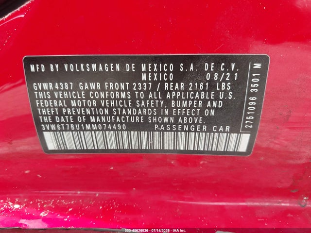 2021 Volkswagen Jetta Gli 2.0t Autobahn/2.0t S მანქანა იყიდება აუქციონზე, vin: 3VW6T7BU1MM074490, აუქციონის ნომერი: 45626036