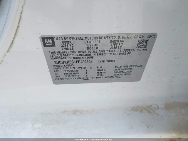 Продаж на аукціоні авто 2015 Chevrolet Silverado 1500 Lt, vin: 3GCUKREC1FG490553, номер лоту: 45626041