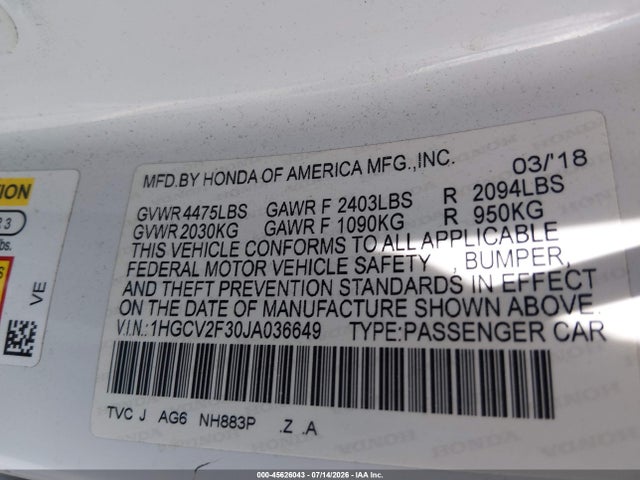 2018 Honda Accord Sport 2.0t მანქანა იყიდება აუქციონზე, vin: 1HGCV2F30JA036649, აუქციონის ნომერი: 45626043