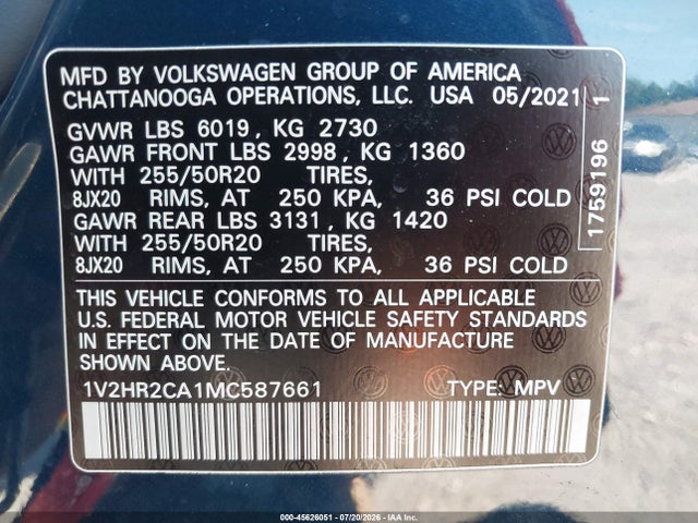 45626051 :رقم المزاد ، 1V2HR2CA1MC587661 vin ، 2021 Volkswagen Atlas 3.6l V6 Se W/technology مزاد بيع