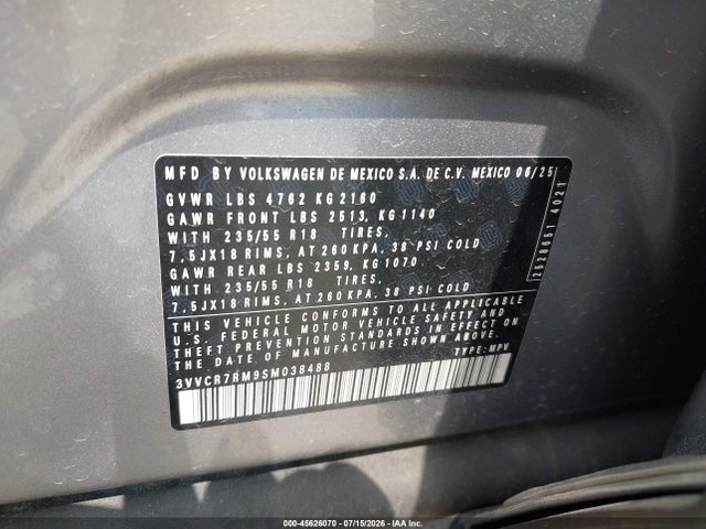 2025 Volkswagen Tiguan 2.0t S მანქანა იყიდება აუქციონზე, vin: 3VVCR7RM9SM038488, აუქციონის ნომერი: 45626070