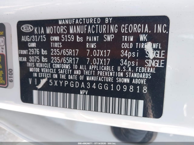 2016 Kia Sorento 2.4l Lx მანქანა იყიდება აუქციონზე, vin: 5XYPGDA34GG109818, აუქციონის ნომერი: 45626071