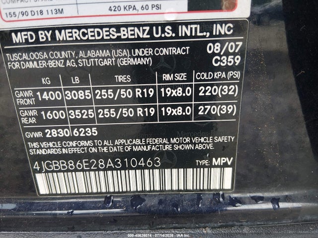 2008 Mercedes-benz M-class 3.5l მანქანა იყიდება აუქციონზე, vin: 4JGBB86E28A310463, აუქციონის ნომერი: 45626074