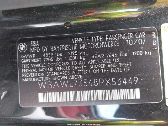 Продаж на аукціоні авто 2008 Bmw 335i, vin: WBAWL73548PX53449, номер лоту: 45626076