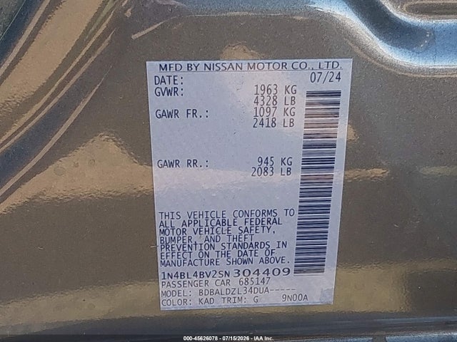 1N4BL4BV2SN304409 Nissan Altima S Fwd
