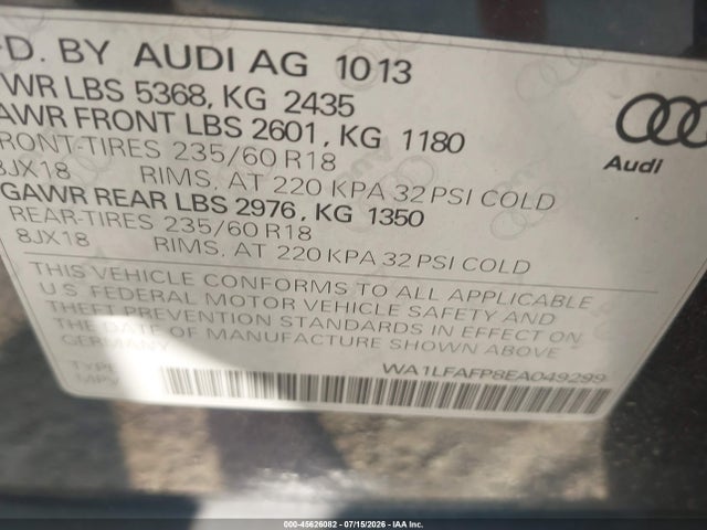 2014 Audi Q5 2.0t Premium მანქანა იყიდება აუქციონზე, vin: WA1LFAFP8EA049299, აუქციონის ნომერი: 45626082