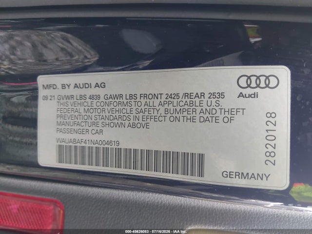 Aukcja sprzedaży 2022 Audi A4 Premium 40 Tfsi Quattro S Tronic, vin: WAUABAF41NA004619, numer aukcji: 45626083