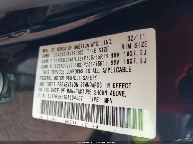 45626084 :رقم المزاد ، 5J8TB2H21BA004887 vin ، 2011 Acura Rdx مزاد بيع
