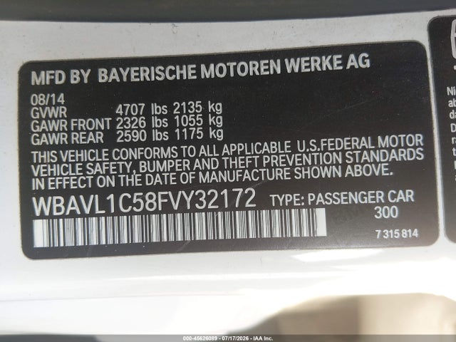Aukcja sprzedaży 2015 Bmw X1 Xdrive28i, vin: WBAVL1C58FVY32172, numer aukcji: 45626089