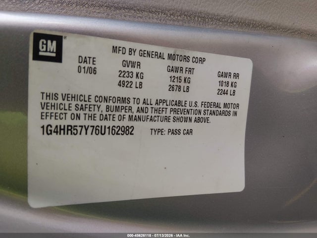 45626118 :رقم المزاد ، 1G4HR57Y76U162982 vin ، 2006 Buick Lucerne Cxl مزاد بيع