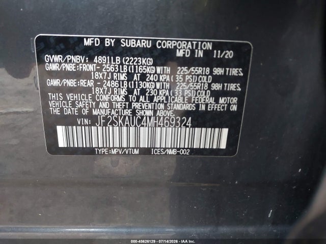 45626129 :رقم المزاد ، JF2SKAUC4MH469324 vin ، 2021 Subaru Forester Limited مزاد بيع