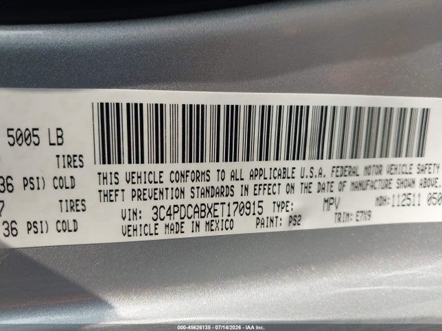 Продаж на аукціоні авто 2014 Dodge Journey Se, vin: 3C4PDCABXET170915, номер лоту: 45626135