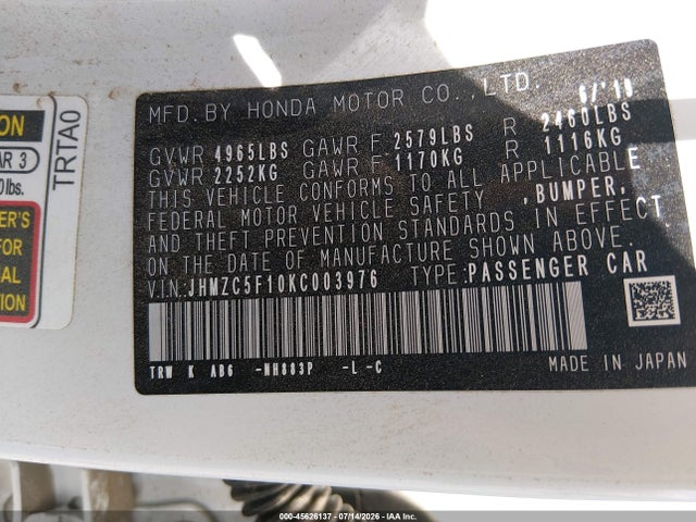 Продаж на аукціоні авто 2019 Honda Clarity Plug-in Hybrid, vin: JHMZC5F10KC003976, номер лоту: 45626137