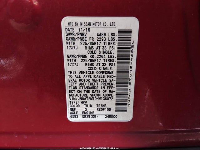 Nissan ROGUE SV 2017 JN8AT2MT0HW136072 Image 9