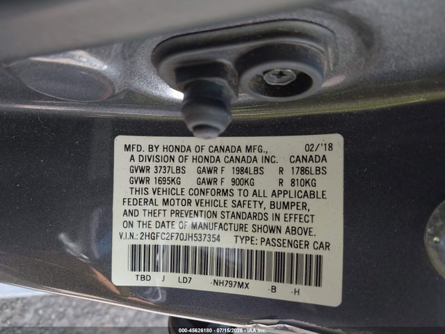 Honda CIVIC EX 2018 2HGFC2F70JH537354 Image 9
