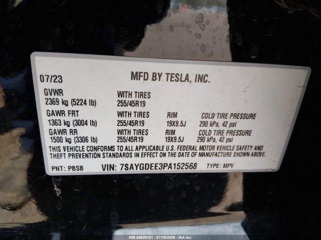 Продаж на аукціоні авто 2023 Tesla Model Y Awd/long Range Dual Motor All-wheel Drive, vin: 7SAYGDEE3PA152568, номер лоту: 45626181