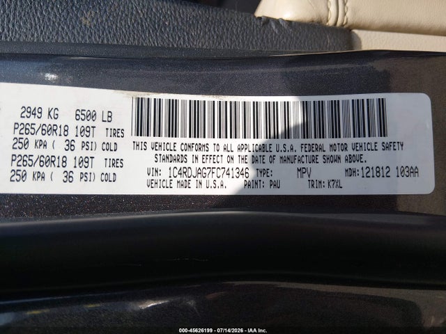 1C4RDJAG7FC741346 Dodge Durango Sxt