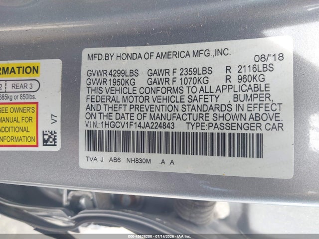 2018 Honda Accord Lx მანქანა იყიდება აუქციონზე, vin: 1HGCV1F14JA224843, აუქციონის ნომერი: 45626200