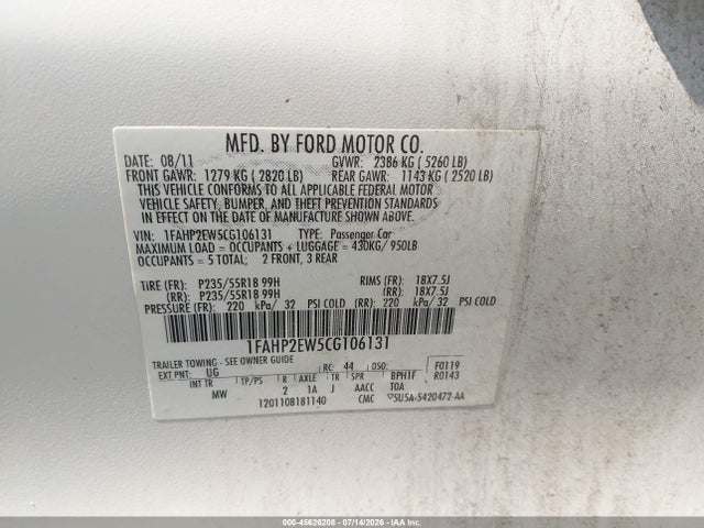 45626208 :رقم المزاد ، 1FAHP2EW5CG106131 vin ، 2012 Ford Taurus Sel مزاد بيع