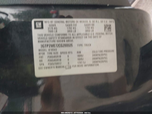 Aukcja sprzedaży 2012 Gmc Sierra 1500 Slt, vin: 3GTP2WE72CG280926, numer aukcji: 45626212