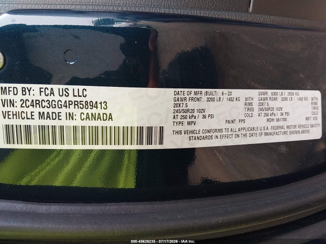 Продаж на аукціоні авто 2023 Chrysler Pacifica Limited Awd, vin: 2C4RC3GG4PR589413, номер лоту: 45626235
