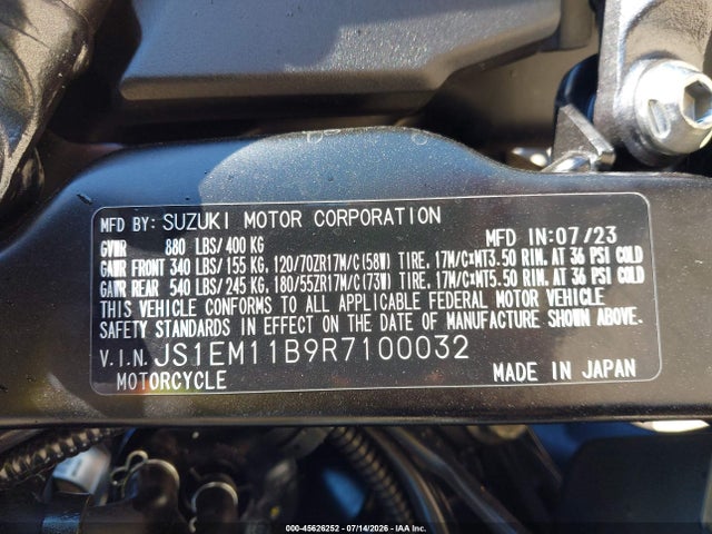 Продаж на аукціоні авто 2024 Suzuki Gsx800 R, vin: JS1EM11B9R7100032, номер лоту: 45626252